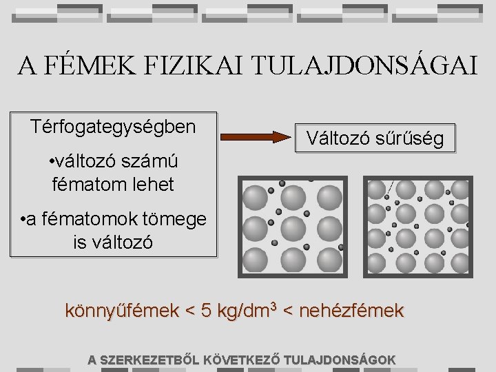 A FÉMEK FIZIKAI TULAJDONSÁGAI Térfogategységben Változó sűrűség • változó számú fématom lehet • a