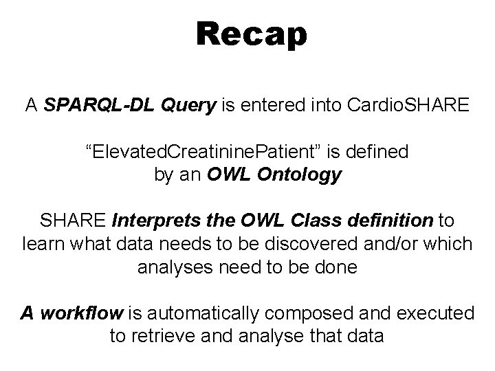 Recap A SPARQL-DL Query is entered into Cardio. SHARE “Elevated. Creatinine. Patient” is defined