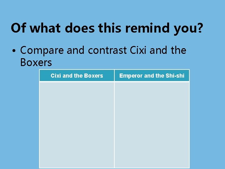 Of what does this remind you? • Compare and contrast Cixi and the Boxers