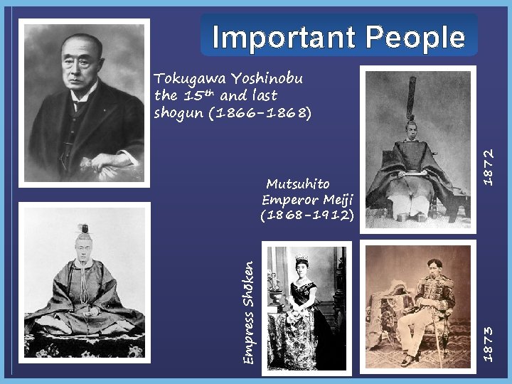 Important People 1873 Empress Shōken Mutsuhito Emperor Meiji (1868 -1912) 1872 Tokugawa Yoshinobu the