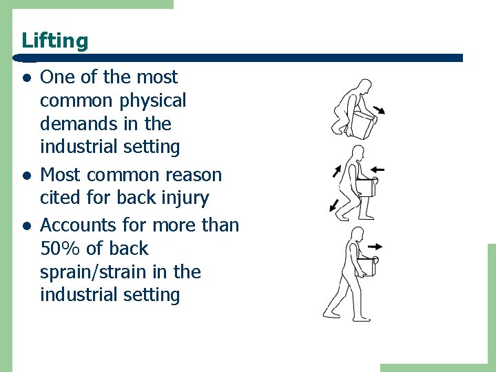Lifting l l l One of the most common physical demands in the industrial