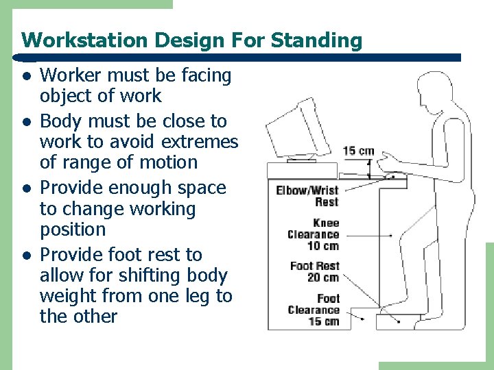 Workstation Design For Standing l l Worker must be facing object of work Body