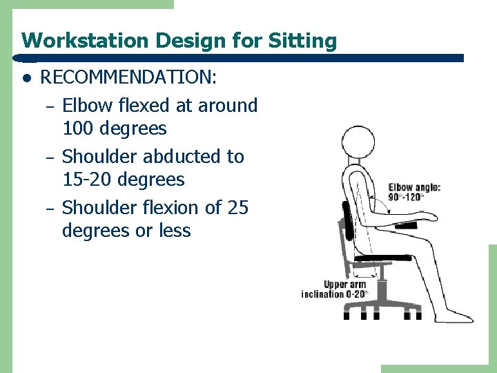 Workstation Design for Sitting l RECOMMENDATION: – Elbow flexed at around 100 degrees –