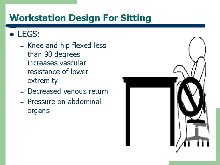 Workstation Design For Sitting l LEGS: – – – Knee and hip flexed less