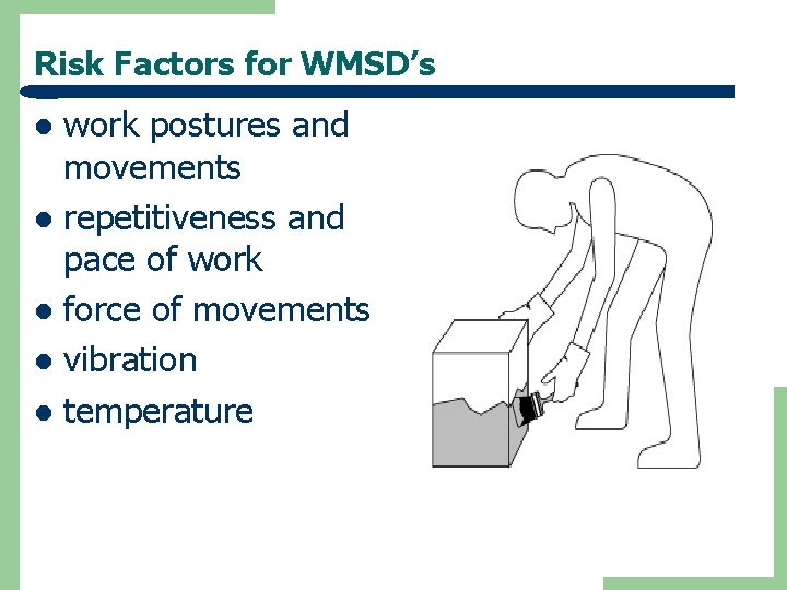 Risk Factors for WMSD’s work postures and movements l repetitiveness and pace of work