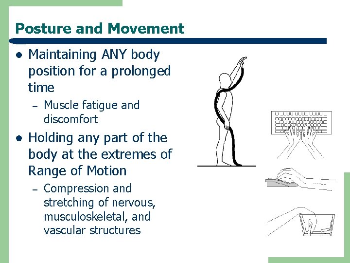 Posture and Movement l Maintaining ANY body position for a prolonged time – l