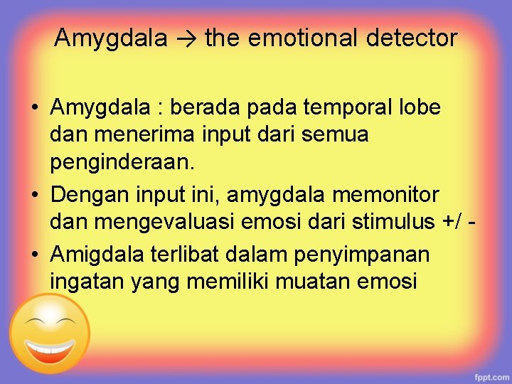 Amygdala → the emotional detector • Amygdala : berada pada temporal lobe dan menerima
