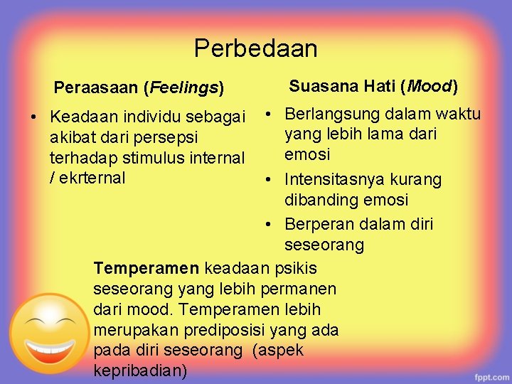 Perbedaan Peraasaan (Feelings) Suasana Hati (Mood) • Berlangsung dalam waktu yang lebih lama dari