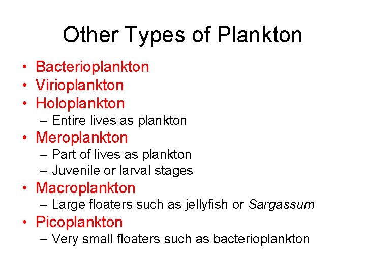 Other Types of Plankton • Bacterioplankton • Virioplankton • Holoplankton – Entire lives as Other Types of Plankton • Bacterioplankton • Virioplankton • Holoplankton – Entire lives as