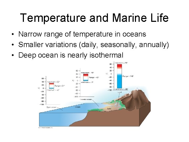 Temperature and Marine Life • Narrow range of temperature in oceans • Smaller variations Temperature and Marine Life • Narrow range of temperature in oceans • Smaller variations