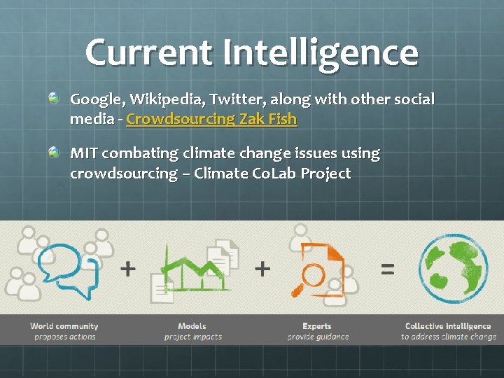 Current Intelligence Google, Wikipedia, Twitter, along with other social media - Crowdsourcing Zak Fish