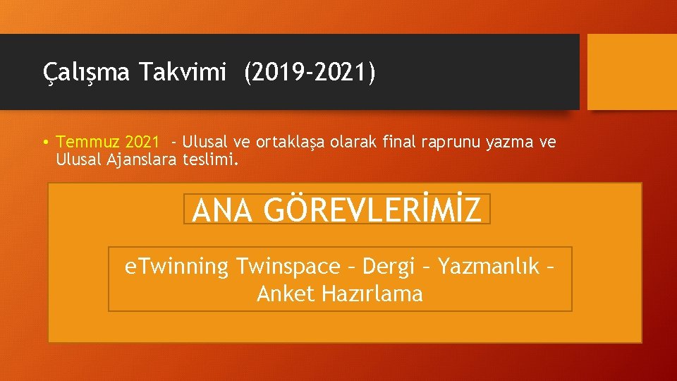 Çalışma Takvimi (2019 -2021) • Temmuz 2021 - Ulusal ve ortaklaşa olarak final raprunu