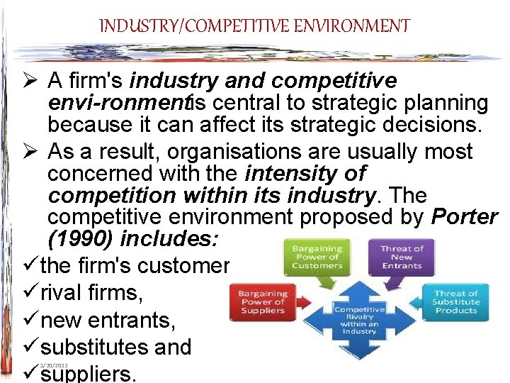 INDUSTRY/COMPETITIVE ENVIRONMENT Ø A firm's industry and competitive envi ronmentis central to strategic planning