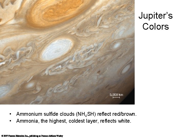 Jupiter’s Colors • Ammonium sulfide clouds (NH 4 SH) reflect red/brown. • Ammonia, the