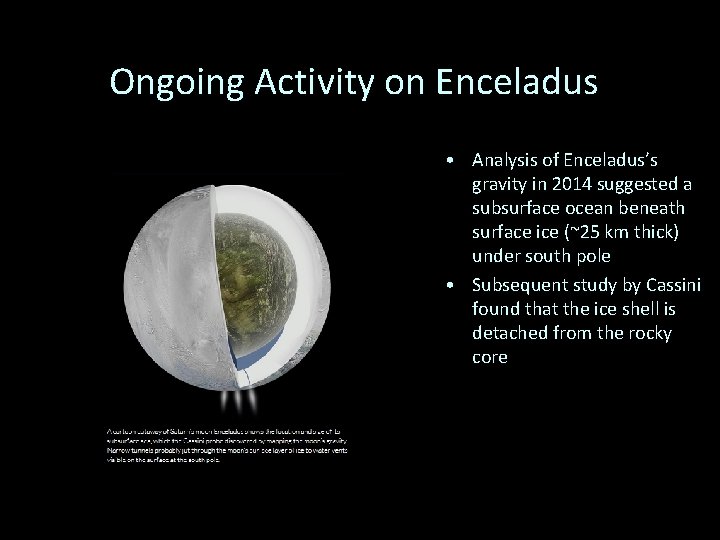 Ongoing Activity on Enceladus • Analysis of Enceladus’s gravity in 2014 suggested a subsurface