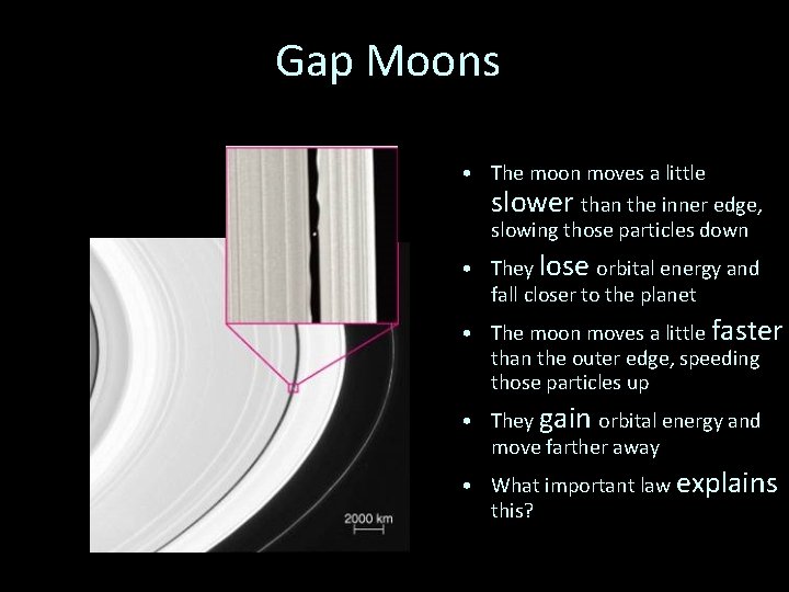 Gap Moons • The moon moves a little slower than the inner edge, slowing