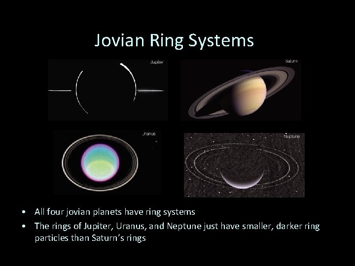 Jovian Ring Systems • All four jovian planets have ring systems • The rings