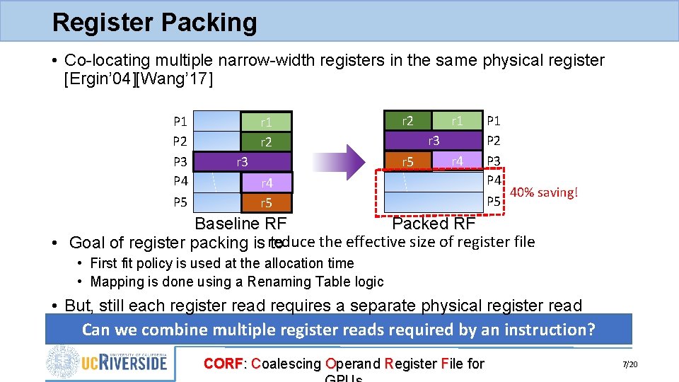 Register Packing • Co-locating multiple narrow-width registers in the same physical register [Ergin’ 04][Wang’