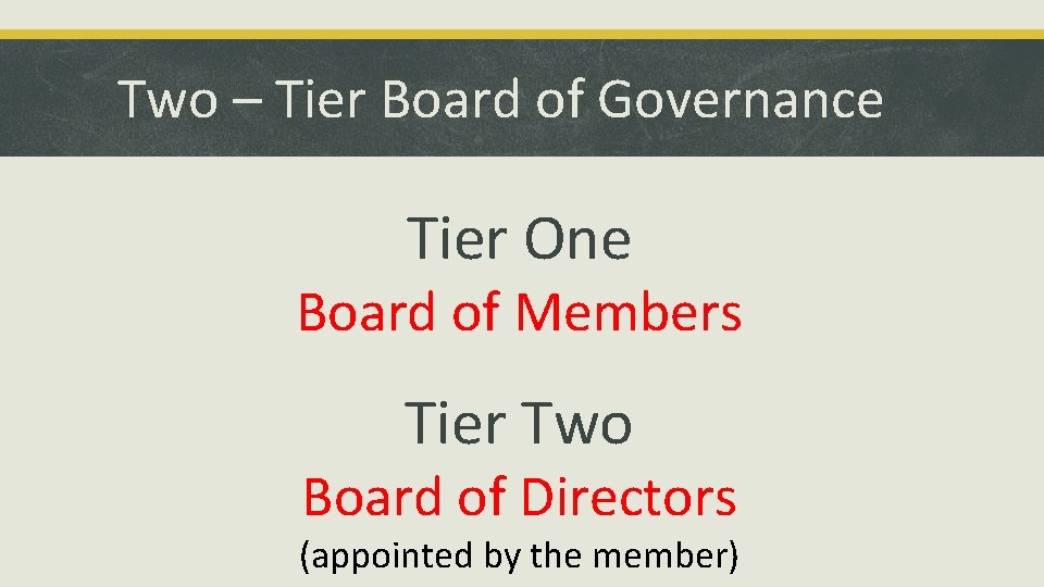 Two – Tier Board of Governance Tier One Board of Members Tier Two Board