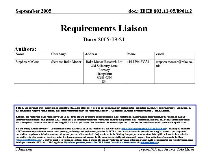 September 2005 doc. : IEEE 802. 11 -05/0961 r 2 Requirements Liaison Date: 2005
