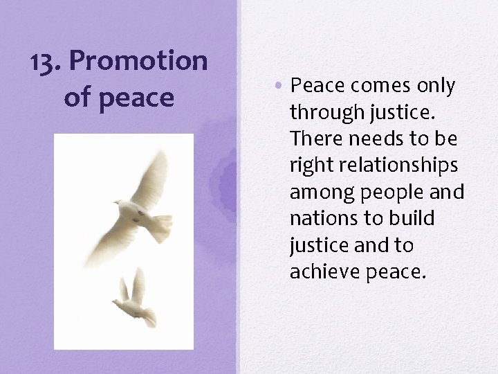 13. Promotion of peace • Peace comes only through justice. There needs to be