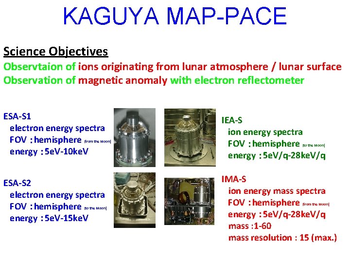 KAGUYA MAP-PACE Science Objectives Observtaion of ions originating from lunar atmosphere / lunar surface