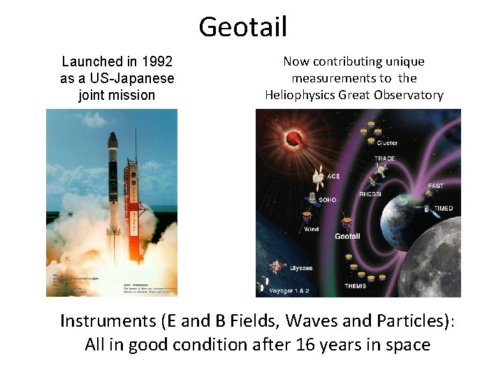 Geotail Launched in 1992 as a US-Japanese joint mission Now contributing unique measurements to