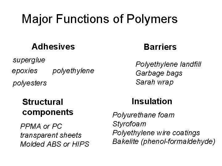 Major Functions of Polymers Adhesives superglue epoxies polyethylene polyesters Structural components PPMA or PC
