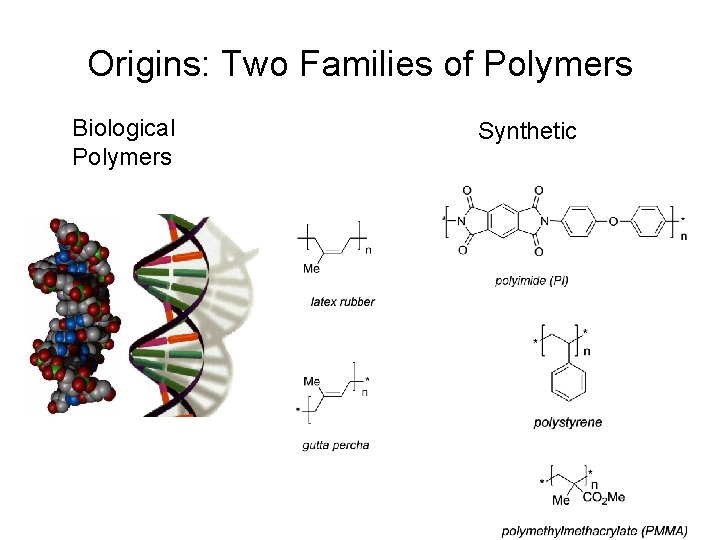 Origins: Two Families of Polymers Biological Polymers Synthetic 