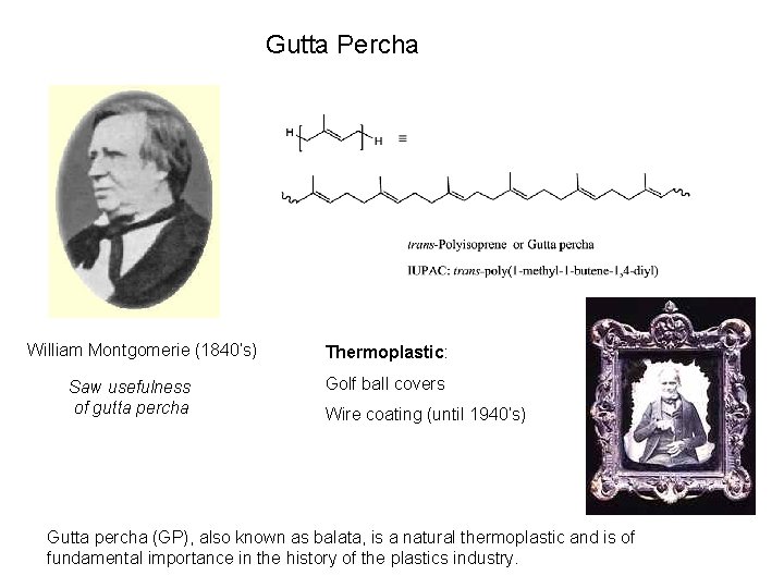 Gutta Percha William Montgomerie (1840’s) Saw usefulness of gutta percha Thermoplastic: Golf ball covers