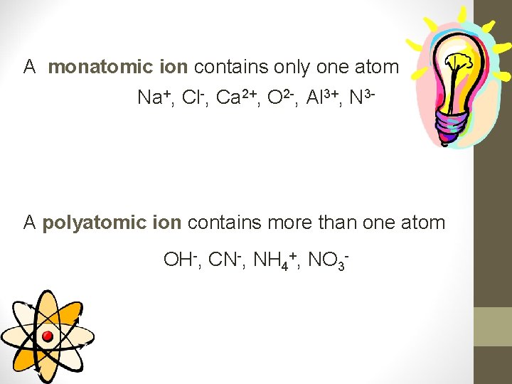 A monatomic ion contains only one atom Na+, Cl-, Ca 2+, O 2 -,