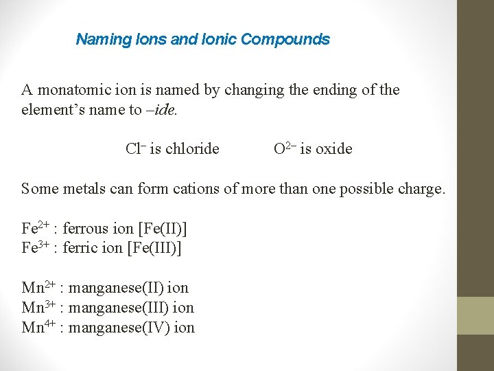 Naming Ions and Ionic Compounds A monatomic ion is named by changing the ending