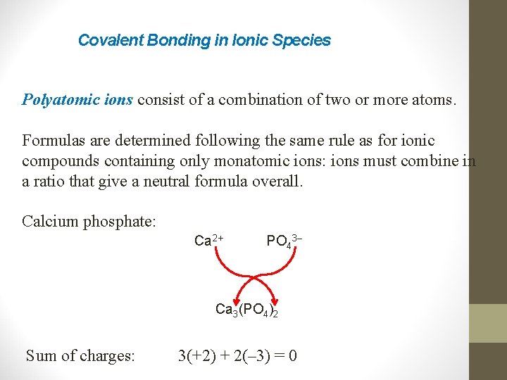 Covalent Bonding in Ionic Species Polyatomic ions consist of a combination of two or