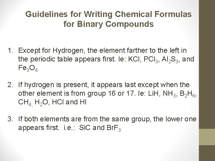 Guidelines for Writing Chemical Formulas for Binary Compounds 1. Except for Hydrogen, the element