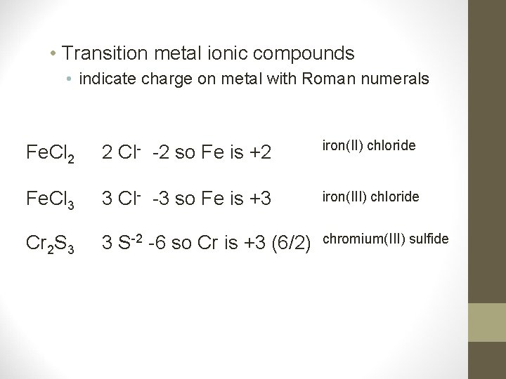  • Transition metal ionic compounds • indicate charge on metal with Roman numerals