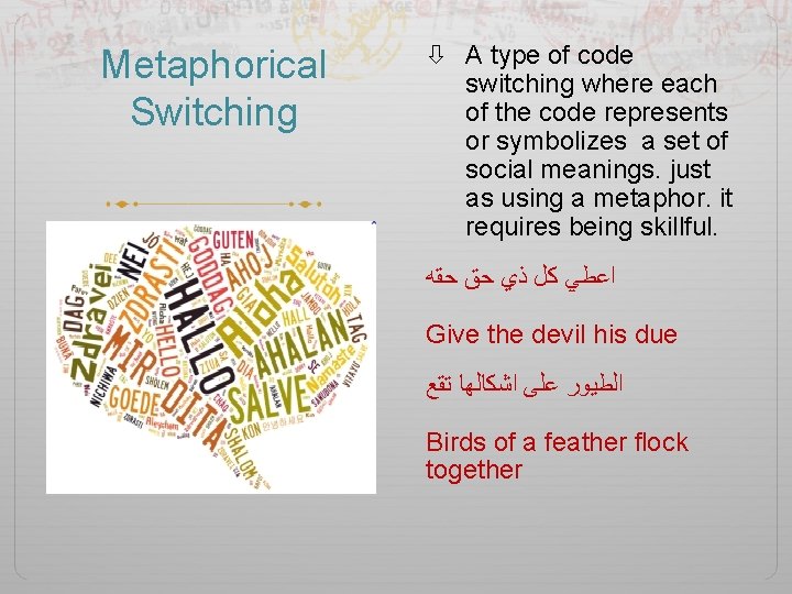 Metaphorical Switching A type of code switching where each of the code represents or