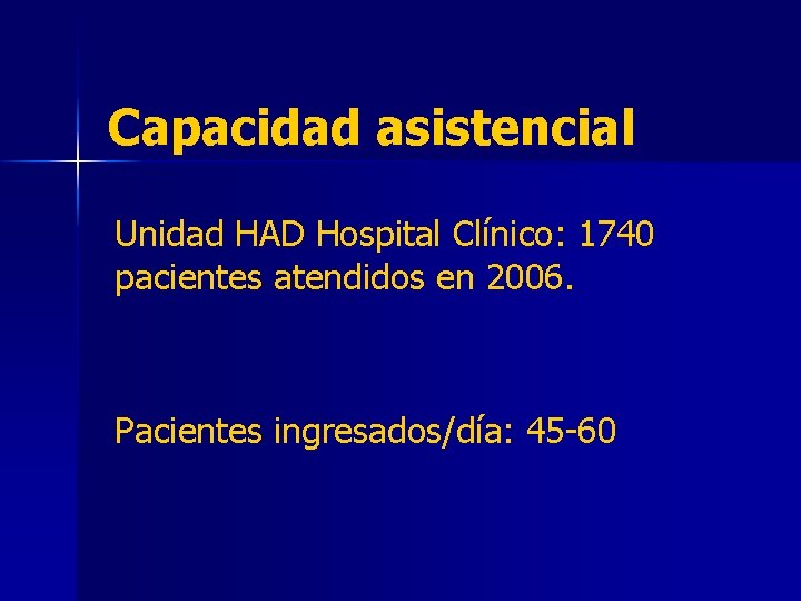 Capacidad asistencial Unidad HAD Hospital Clínico: 1740 pacientes atendidos en 2006. Pacientes ingresados/día: 45