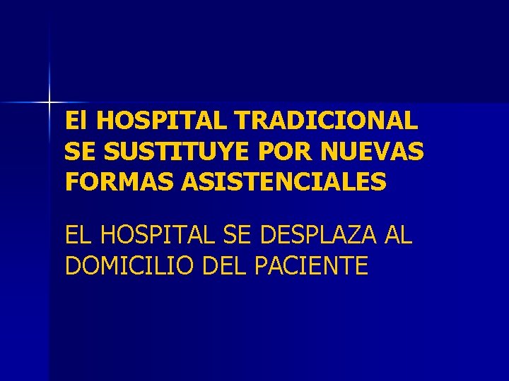 El HOSPITAL TRADICIONAL SE SUSTITUYE POR NUEVAS FORMAS ASISTENCIALES EL HOSPITAL SE DESPLAZA AL
