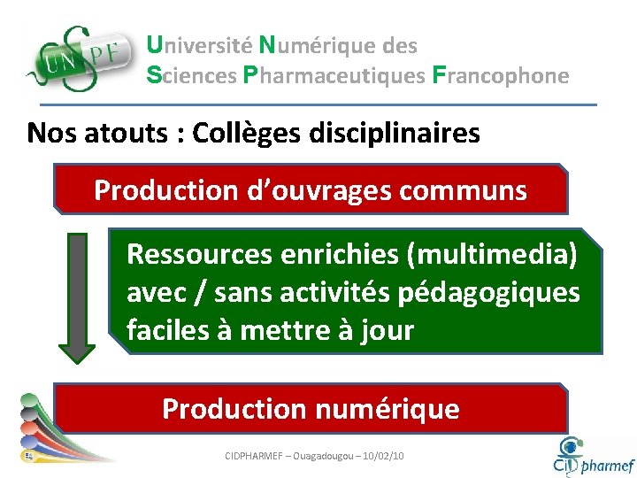 Université Numérique des Sciences Pharmaceutiques Francophone Nos atouts : Collèges disciplinaires Production d’ouvrages communs