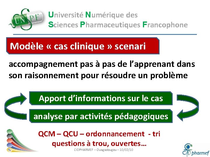 Université Numérique des Sciences Pharmaceutiques Francophone Modèle « cas clinique » scenari accompagnement pas