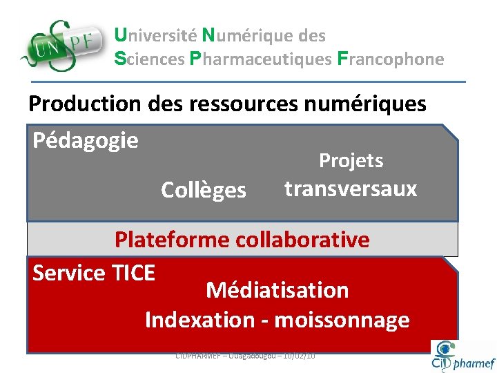 Université Numérique des Sciences Pharmaceutiques Francophone Production des ressources numériques Pédagogie Projets Collèges transversaux