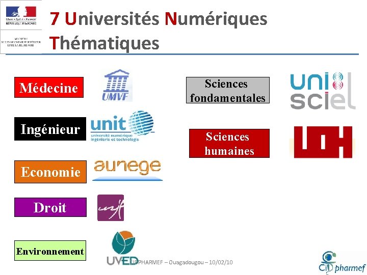 7 Universités Numériques Thématiques Sciences fondamentales Médecine Ingénieur Collèges Sciences humaines Economie Droit Environnement