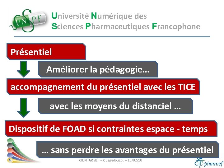 Université Numérique des Sciences Pharmaceutiques Francophone Présentiel Améliorer la pédagogie… accompagnement du présentiel avec