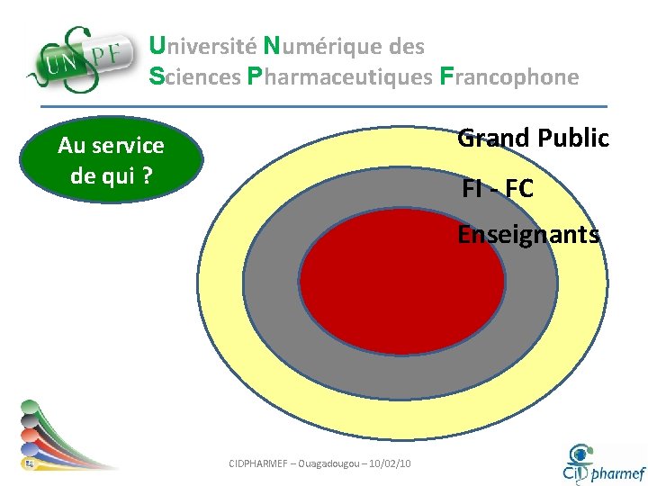 Université Numérique des Sciences Pharmaceutiques Francophone Grand Public Au service de qui ? FI