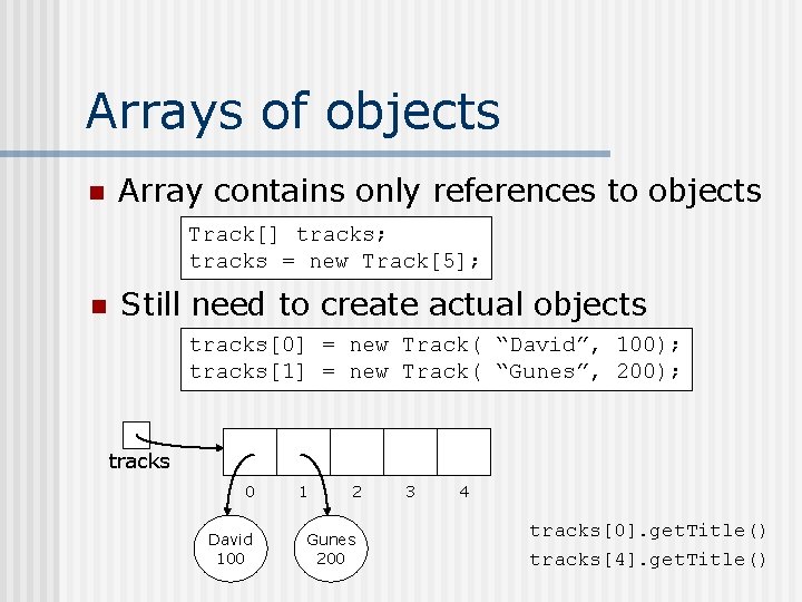 Arrays of objects n Array contains only references to objects Track[] tracks; tracks =