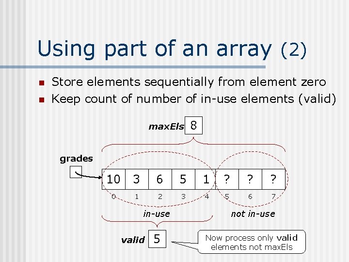 Using part of an array (2) n n Store elements sequentially from element zero