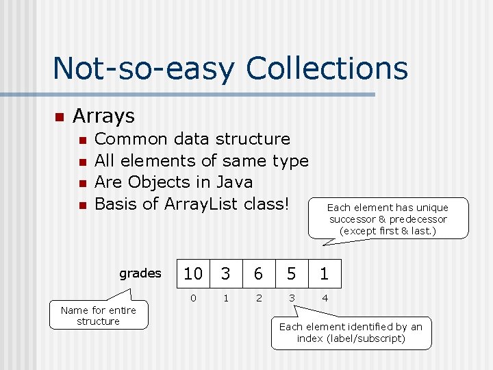 Not-so-easy Collections n Arrays n n Common data structure All elements of same type