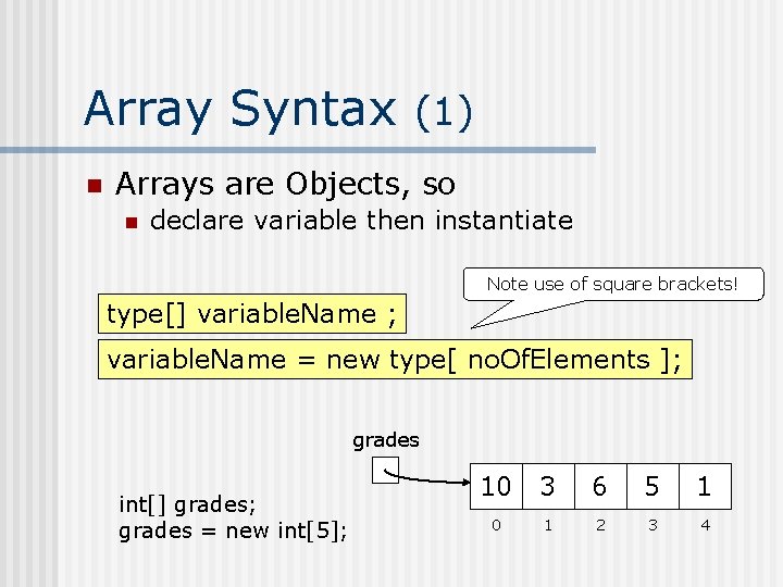 Array Syntax (1) n Arrays are Objects, so n declare variable then instantiate Note