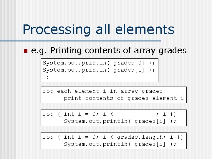 Processing all elements n e. g. Printing contents of array grades System. out. println(