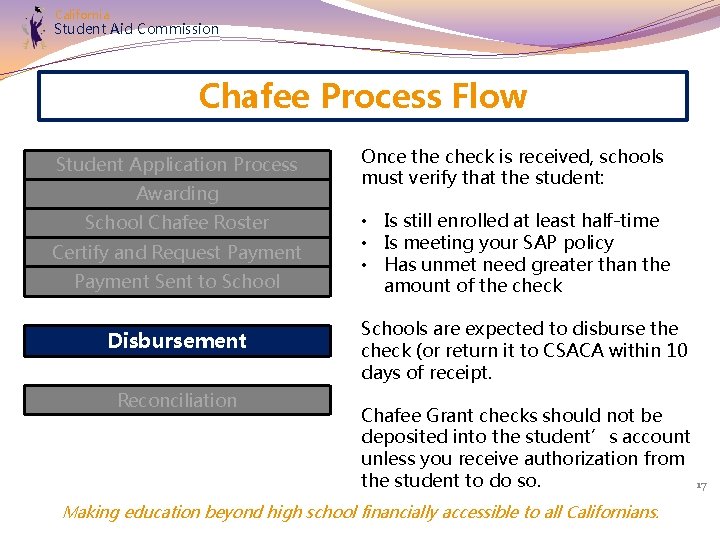 California Student Aid Commission Chafee Process Flow Student Application Process Awarding School Chafee Roster